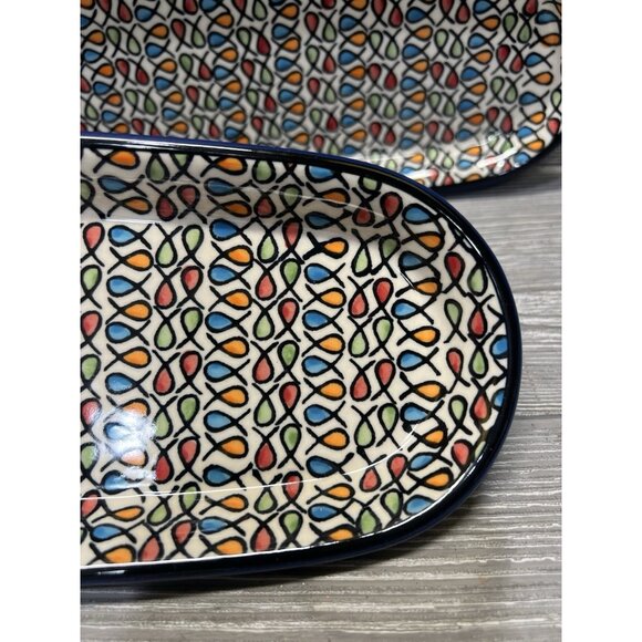 Hand-Painted Oval Dishes Made in Poland Set of 2 Ceramic Stoneware Fish Design - Picture 5 of 8